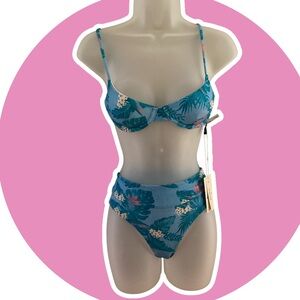 NWT XS Rusty Blue Tropical Naomi Bikini wired top and high waisted cheeky bottom